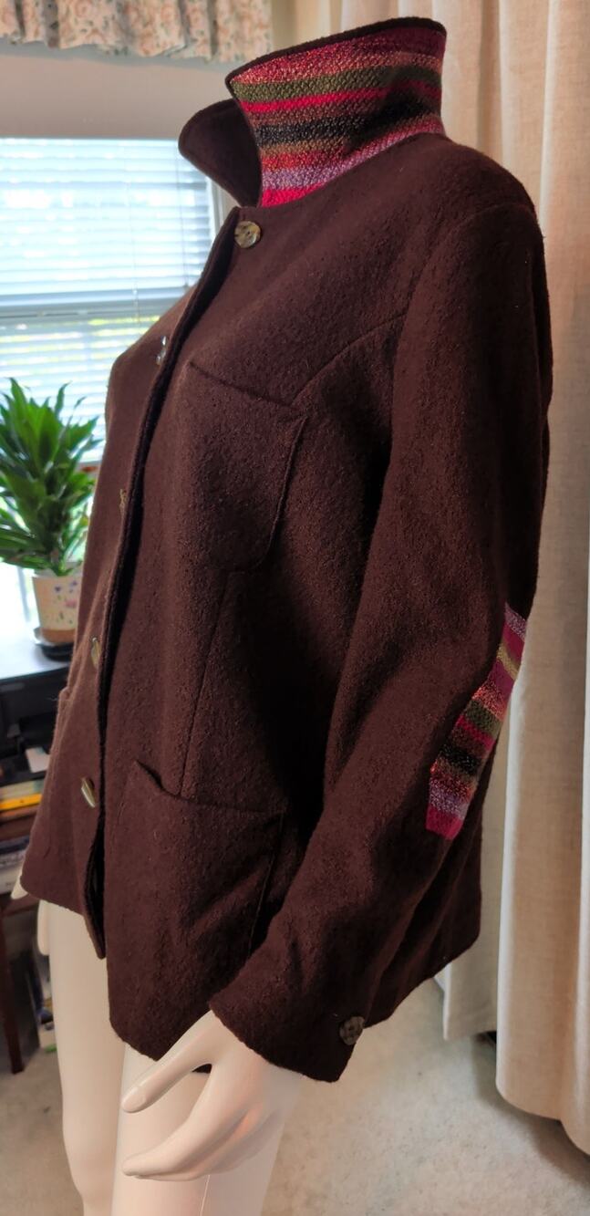 Talbots Boiled Wool Dark Brown Jacket Embordered Multicolor Elbow Patches 1X